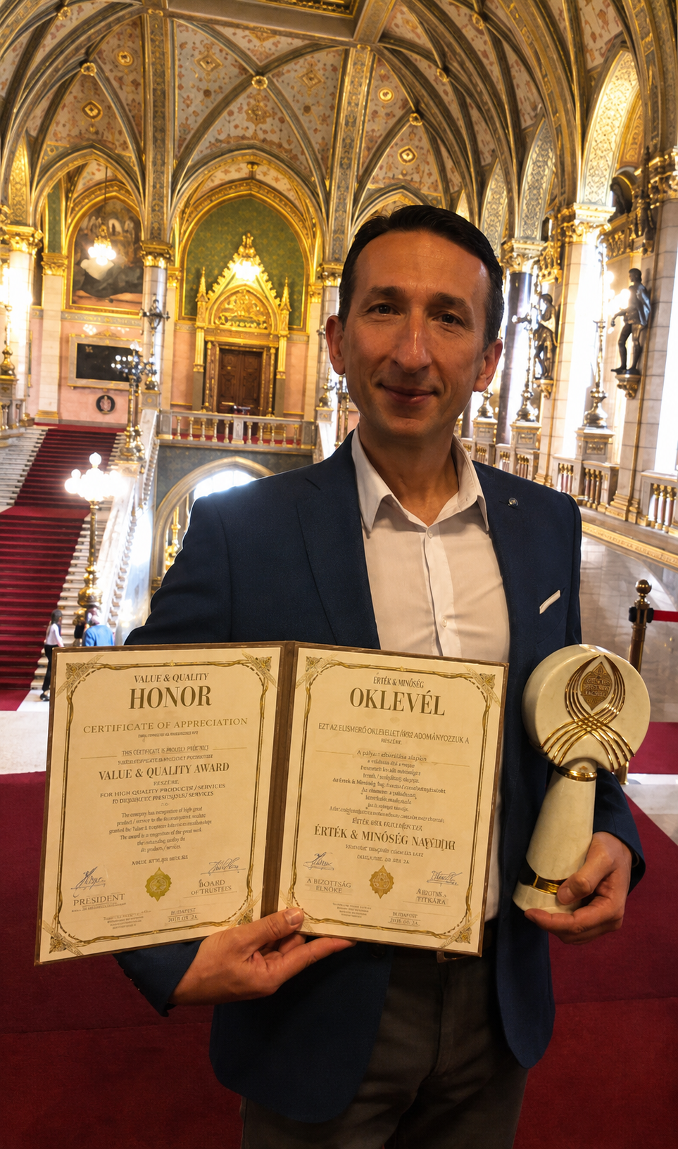 Hegyi József az Érték és Minőség Nagydíj átvételekor az Országházban